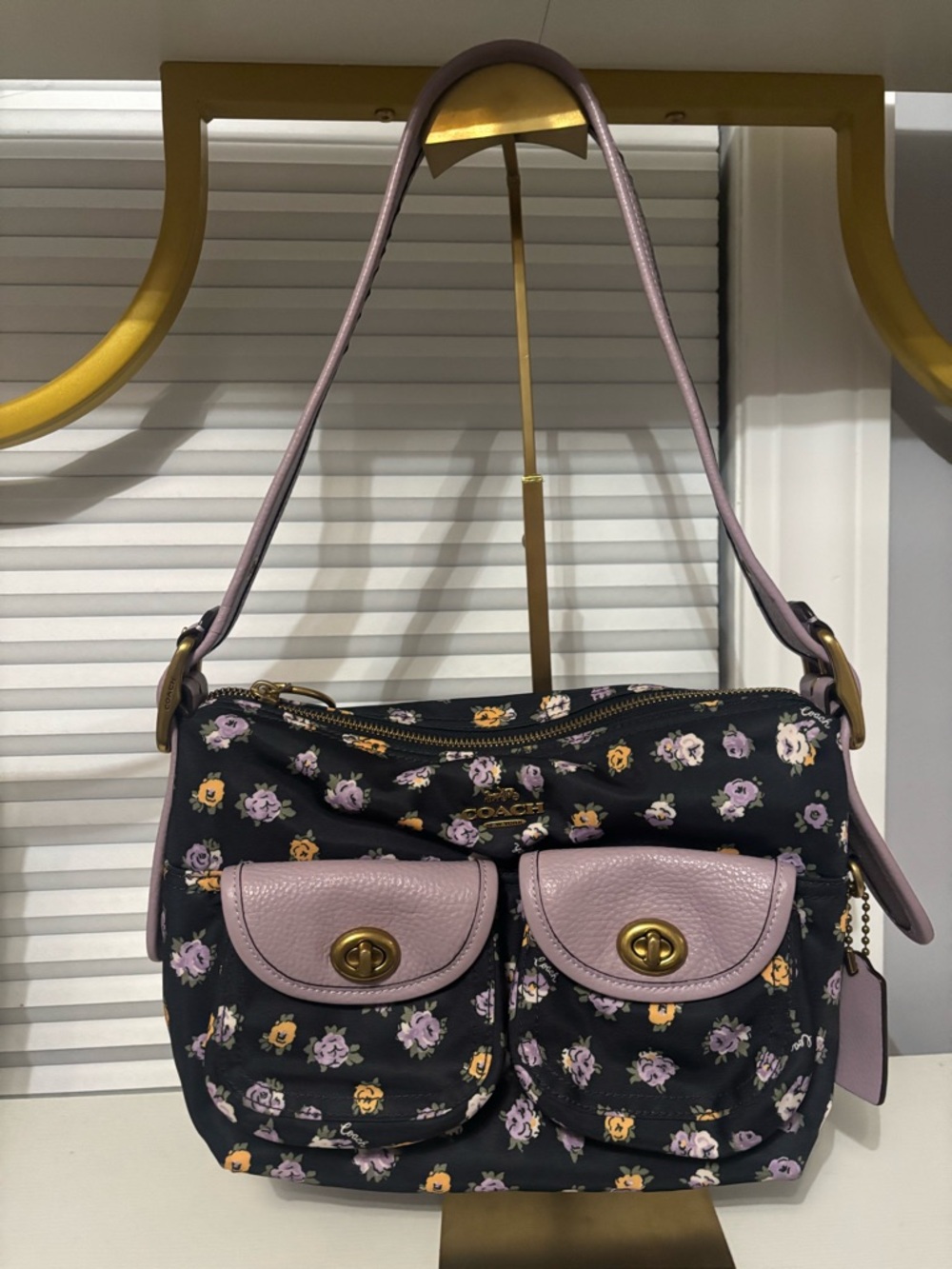 Coach Black Floral Shoulder Bag with Lavender Trim